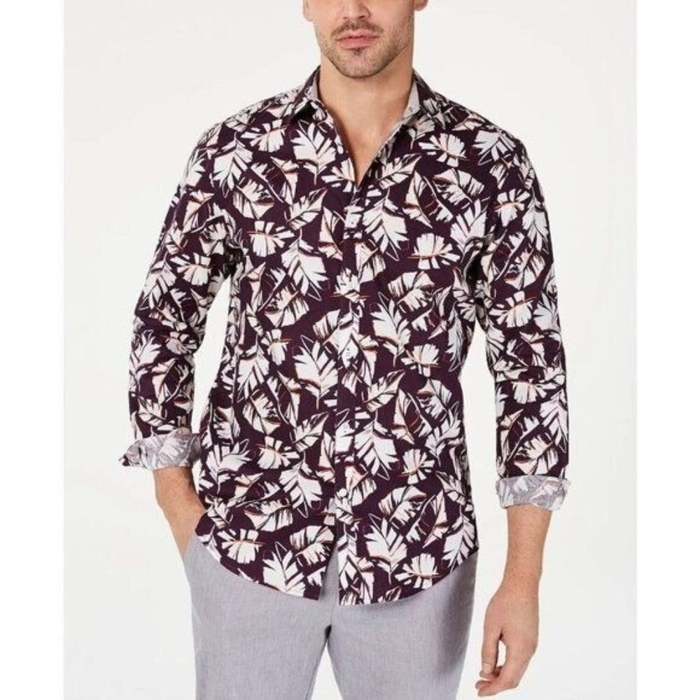 INC International Concepts Linen Button Up Shirt L Printed Burgundy